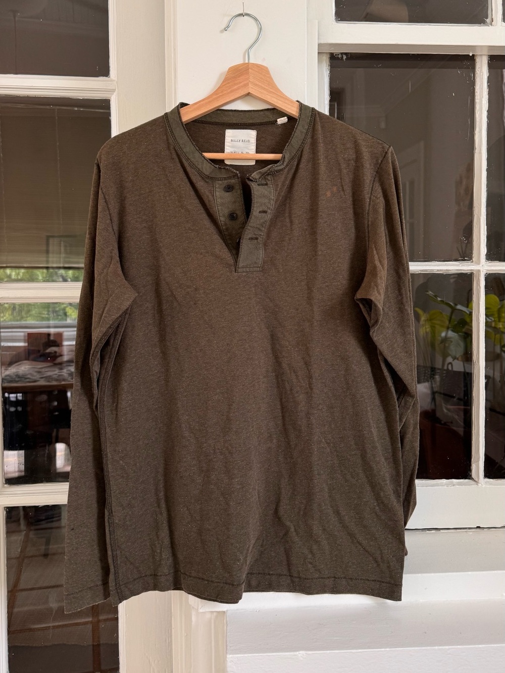 Billy Reid Henley M Olive Brown Long Sleeve Cotton Blend Mens AS IS Small Stain